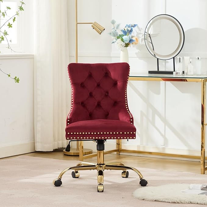 Goujxcy Desk Chair, Modern Velvet Upholstered Tufted Button Home Office Chair, 360° Swivel Armless Desk Chairs, 120°Rocking Ergonomic Computer Task Vanity Chairs, Wine Red