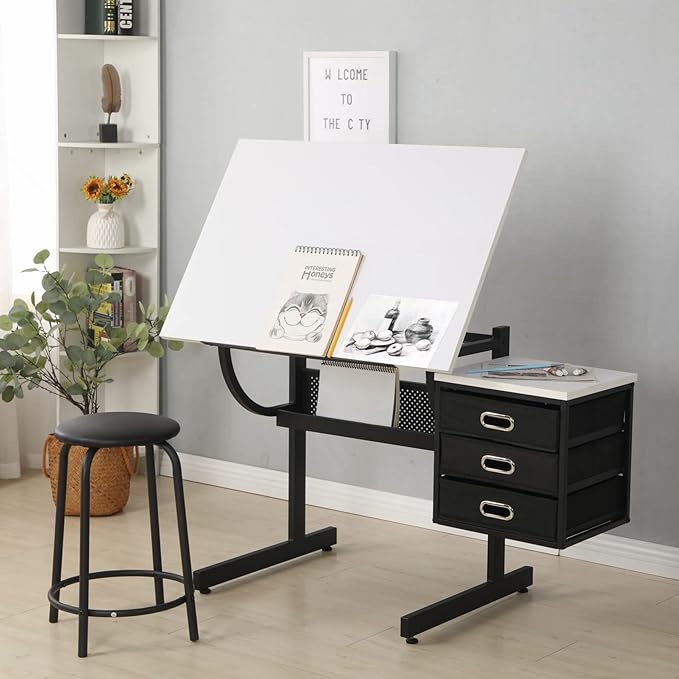 Drafting Table, Adjustable Drawing Desk with Stool, Art Table with Storage Drawers for Artists/Architect/Art Hobbyist, Design for Sketch Painting Artistic Craft Supplies, Type 5-White