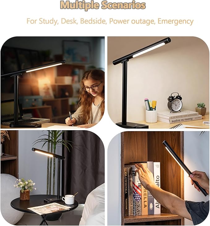 Vitoki LED Desk Lamp for Home Office with Magnetic Detachable, Eye-Caring Reading Light with Phone Stand 3 Color Mode, 5-Level Dimmable, Rechargeable Table Lamp Night Lights for Bedroom Study Bedside
