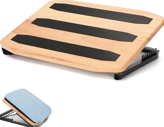 Foot Rest for Under Desk at Work-Adjustable Ergonomic Under Desk Foot Rest- 7 Adjustable Angles Wood Desk Footrest, Under Desk Foot Rest for Office Leg Rest - Natural-with Blue Cushions