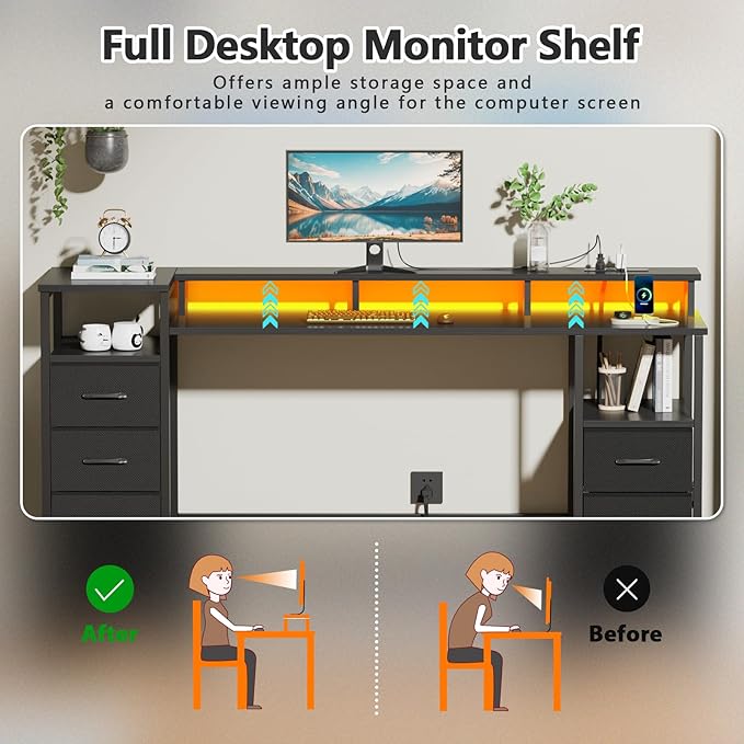 Korfile 61 Inch Computer Gaming Desk with Power Outlets & LED Lights Reversible Home Office Desk with Adjustable 5 Fabric Storage Drawers for Working Writing Study, Black