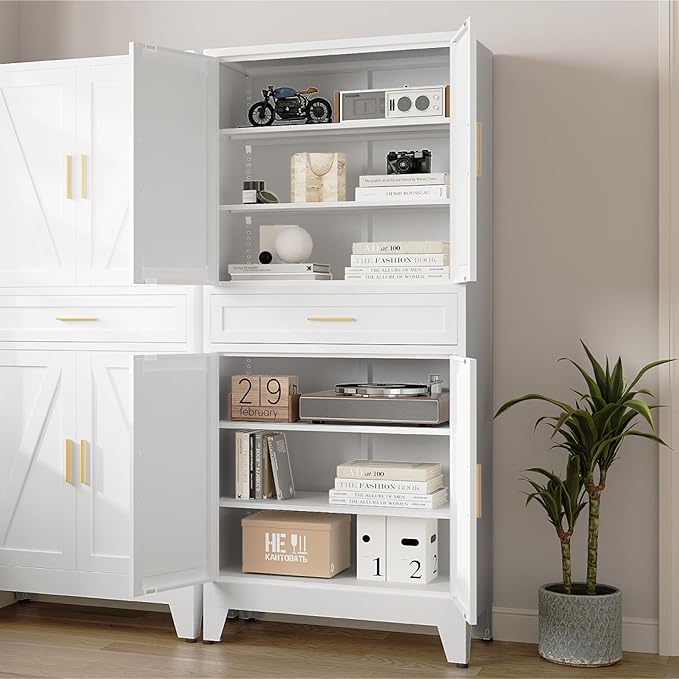 Washsemba 71 "Farmhouse Metal Filing Cabinet with a Drawer and 4 Adjustable Shelves, with 4 Large barn Door White Kitchen Cabinets, Metal Food Cabinets for Home, Kitchen, Dining/Living Room (White)