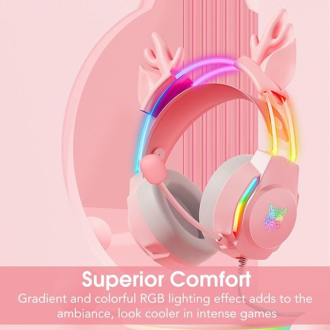 Gaming Headset with Microphone, Deer Ears Headphones for PC Laptop PS4 PS5 Xbox Switch, Rainbow RGB Lighting & Virtual Surround Sound, 3.5mm Over Ear Headphones, Ergonomic