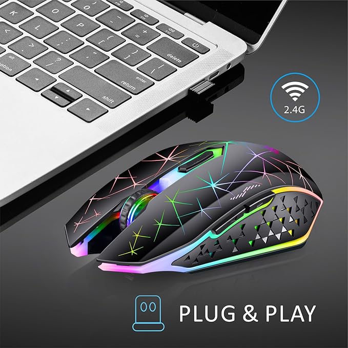 TENMOS V7 Wireless Gaming Mouse, Rechargeable LED Wireless Mouse Silent Optical Rainbow USB Computer Mice for Laptop PC (Black)