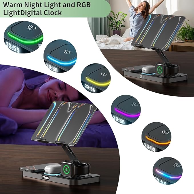 30W Foldable Charging Station for Multiple Devices, iPad Charging Station with Clock Display & Night Light for iPhone 17 Pro Max/16/15/iWatch 11/Air-pods 3/iPad 2025/Tablet Stand Holder