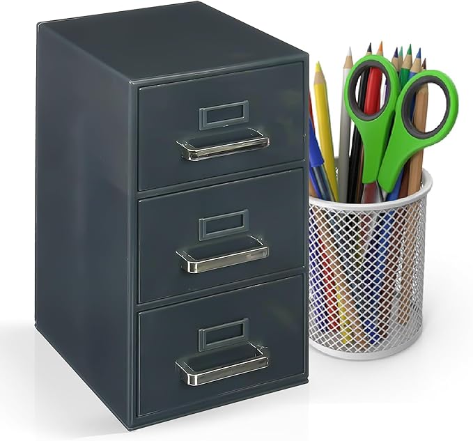 Desktop Mini Filing Cabinet | Business Card Organizer & Storage | Desktop Organizer | 3 Drawers | Gray | 8.75H x 4.5W x 5D inches (Pencil Case Not Included, For Size Reference Only)