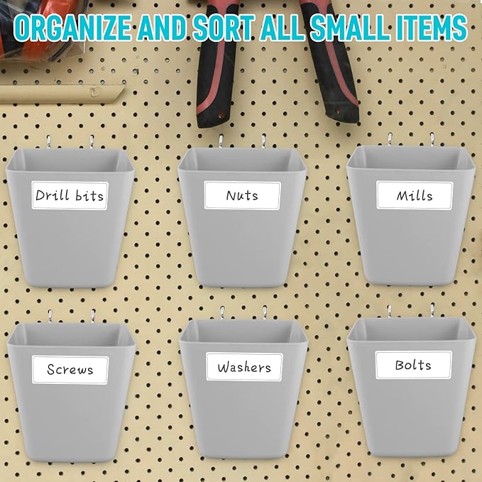 G.CORE Large Pegboard Cups Peg Board Storage Bin 6 Pack with Hooks, Square Box Shape Pegboard Cup Holder Accessories for Garage Workbench/Craft Room/Office/Playroom/Home Kitchen Organization (Grey)