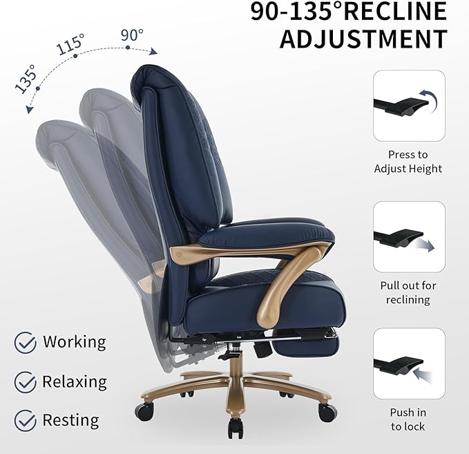 EXCEBET Big and Tall Executive Office Chair with Footrest, 400LBS Capacity Ergonomic High-Back Desk Office Chair with Lumbar Support, Padded Armrests & Thick Cushion, Blue PU Leather Chairs