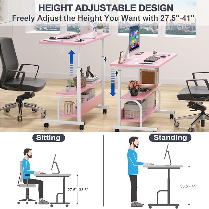 Armocity Rolling Standing Desk with Power Outlets, 32" Manual Height Adjustable Mobile Computer Desk with Wheels, Small Portable Sit Stand Laptop Couch Table for Bed & Sofa Home Office, Pink