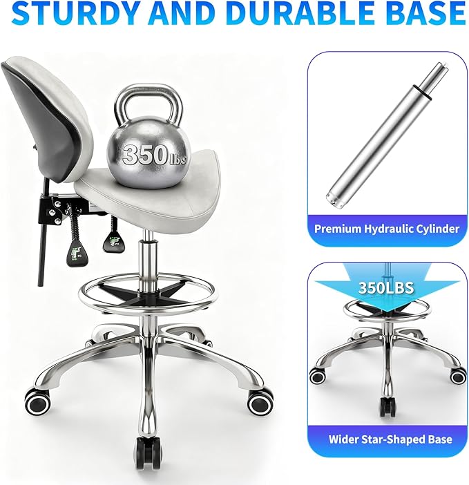 Saddle Chair with Back Support - Tilted Backrest, Adjustable Foot Rest, 350 LBS Capacity Ergonomic, 360° Swivel Drafting Chair for Salon,Spa, Massage, Tattoo, Facial lash, Home, Dentist（Grey）