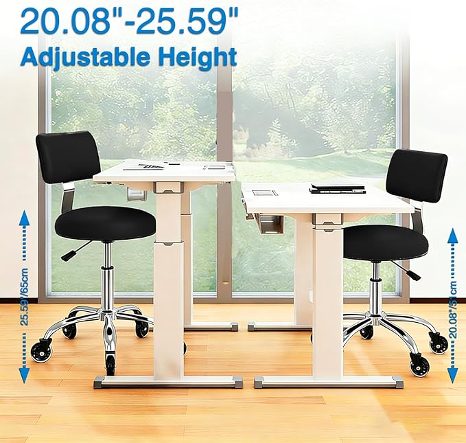 Rolling Stool Chair with Wheels, Office Drafting Chair with Back Support, Height Adjustable Standing Desk Stool with PU Leather Cushion for Home Office Kitchen Vanity Spa Garage Tattoo Dentist(Black)