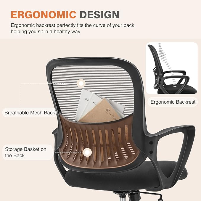 GIA 40'' Home Office Desk and Office Chair Set,Compact Writing Desk with 2-Tier Storage Drawers, Black Wood Computer Desk and Mesh Chair with Fixed Armrests and Soft Foam Seat Cushion for Small Spaces