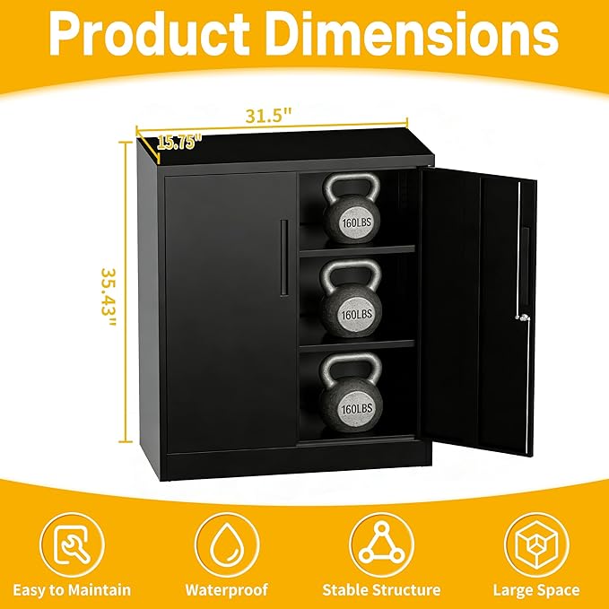 Metal Storage Cabinet, 35" Garage Storage Cabinet with 2 Adjustable Shelves & Lockable Doors, Black Garage Cabinets for Office, Home, Garage, Gym, School
