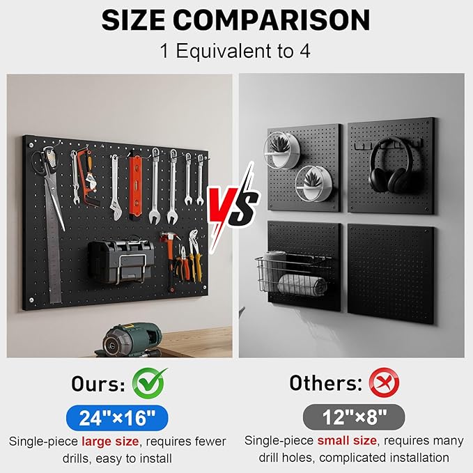 Peg Board, 4 Pack Metal Pegboard Panels Black Pegboards Wall Organizer with Frame Large Heavy Duty Peg Board with Hooks for Walls Home, Garage Tool Storage, Office, Craft Room, Kitchen 24”×16”