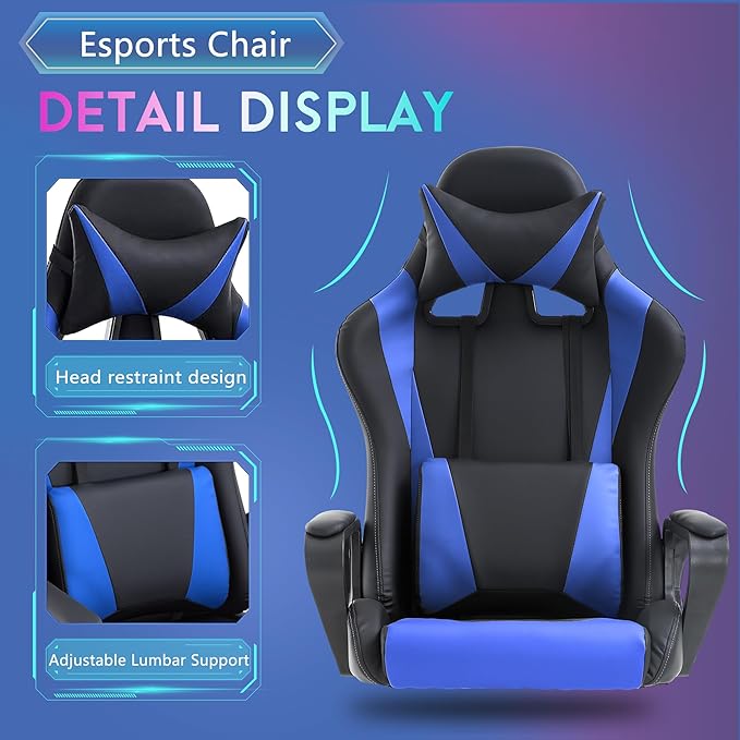 PayLessHere Ergonomic Racing Desk Chair Gaming Chair Computer Chair with Armrests 360° Swivel & Caster Pu Desk Task Chair Executive Headrest Lumbar Support for Back Pain Women Men and Adults, Blue