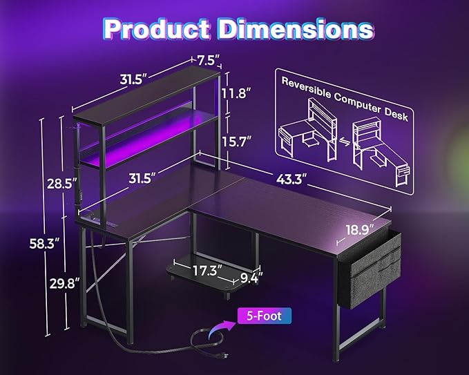AODK L Shaped Desk Gaming Desk with LED Light & Power Outlet, 43 Inch Reversible L Shaped Computer Table with Shelf, Corner Desk with Storage Bag&Hook for Home Office Desk, Black