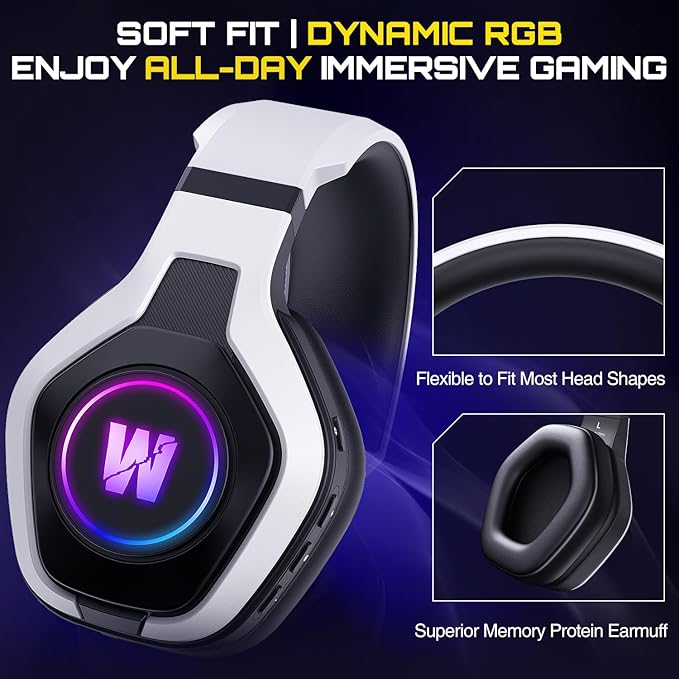 WolfLawS Wireless Gaming Headset for PS5, PC, PS4, 2.4G/Bluetooth Gaming Headphones with Noise Canceling Microphone, USB and Type-C Connector, 7.1 Surround Sound, RGB Lighting, 60H Battery