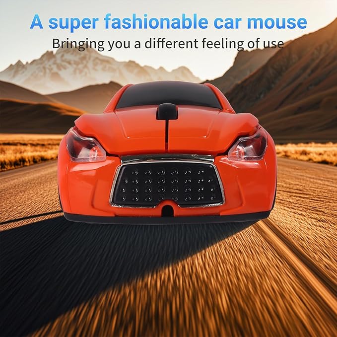 elec Space Wireless Mini Mouse with Case - Cute Sports Car Shape, Lightweight & Portable, 10m Range, Plug and Play (Orange)