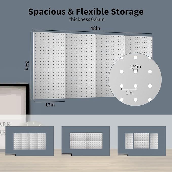Garage Pegboard Organizer - 4-Pack 24" x 12" Silvery Heavy-Duty Metal Pegboard Panels, High-Capacity Wall Mount Peg Board for Tool Storage, Workshop, Kitchen, Garage & Office Organization