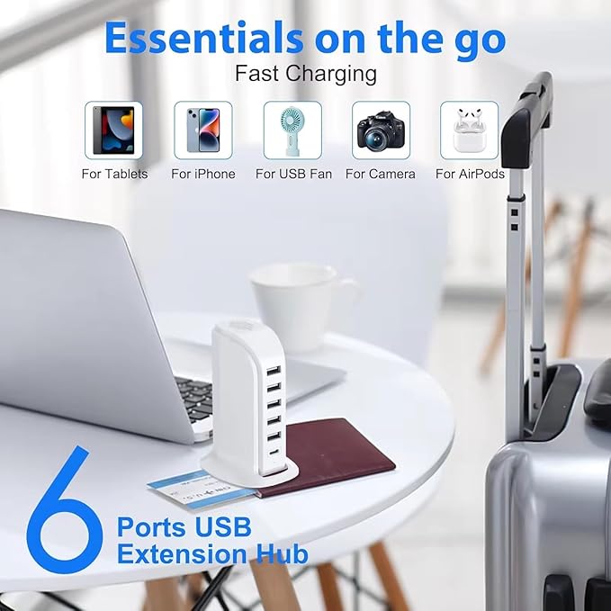 USB Charging Station for Multiple Devices, 40W Multiport Charger Tower, Type C Port Supports PD Quick Charge Compatible with iPhone, Smartphones, Tablets and Other Devices (White)