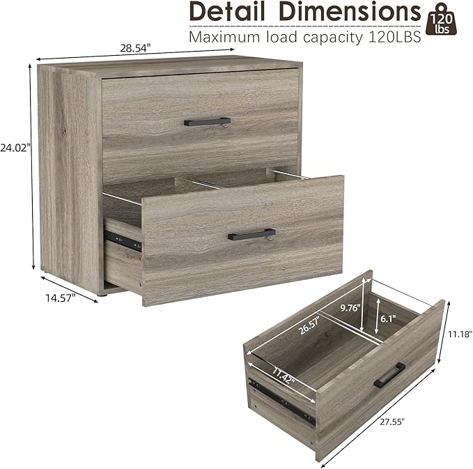 2 Drawer Wood Lateral File Cabinet, Wide Filing Cabinets for Home Office, Farmhouse File Cabinet Printer Stand for Hanging Files/Letters, Gray