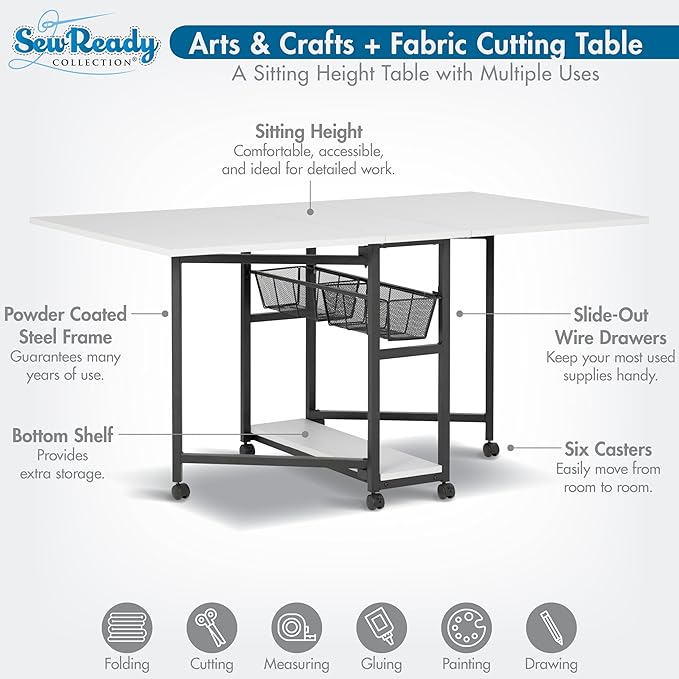 Studio Designs Sew Ready Fabric Sewing/Cutting Standing Table with Organizers - 58.75" W x 36.5" D x 30" H - Charcoal / White