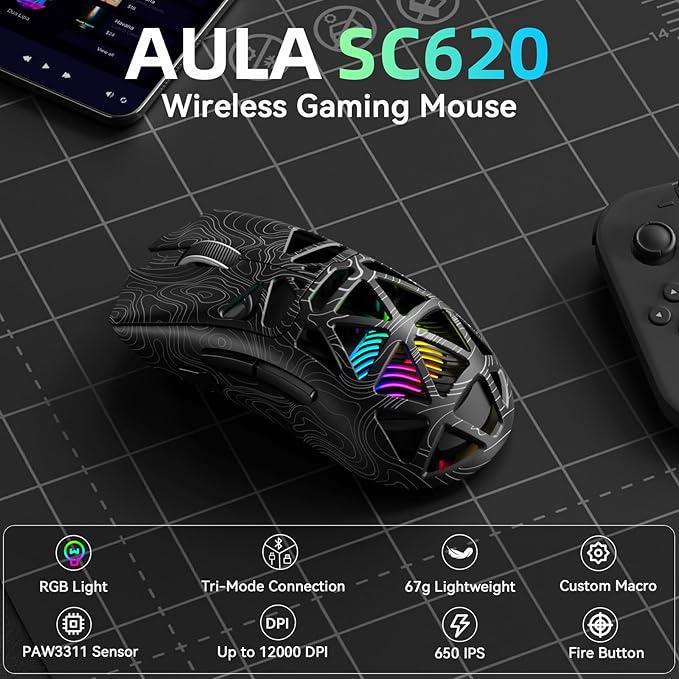 Aula SC620 Wireless Gaming Mouse, Tri-Mode 2.4GHz/USB-C/BT5.3 Computer Mouse with 12000 DPI, Programmable Macro Gamer Mouse with Rapid Fire Key, RGB Light Gaming Mice for PC/Laptop/Mac