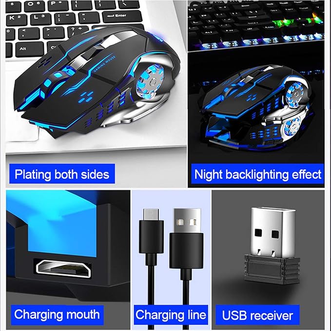 AULA SC100 Silent Wireless Gaming Mouse Rechargeable, with Side Buttons, LED Backlit, DPI Adjustable, 2.4G Wireless Optical Computer Mice Punk Cool Mouse for Games/Work (Black)