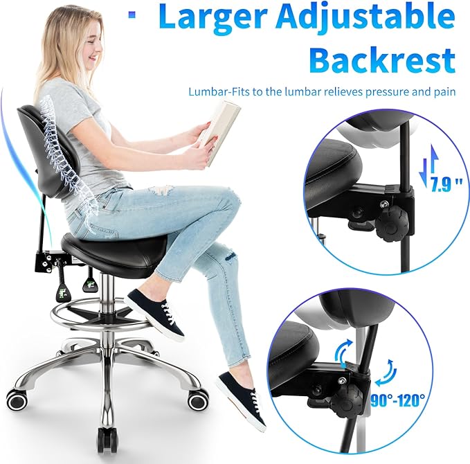 Saddle Chair with Back Support - Tilted Backrest, Adjustable Foot Rest, 350 LBS Capacity Ergonomic, 360° Swivel Drafting Chair for Salon, Spa, Massage, Tattoo, Facial lash, Home, Dentist (Black)