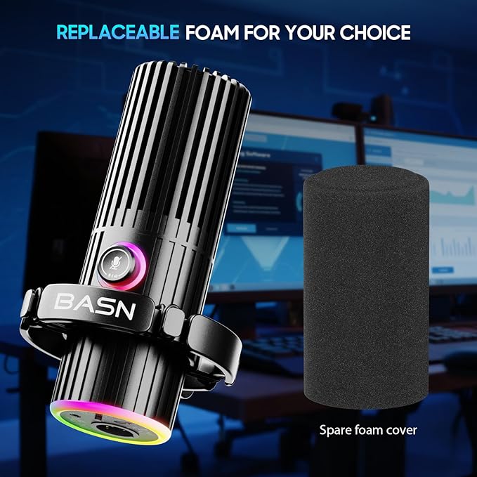 BASN USB/XLR Dynamic Microphone, Live Streaming, Gaming Recording with Three-in-One Mute Button,RGB Lighting and MIC Stand for PC (Black) SL2000