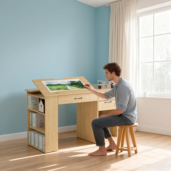 Crafting Table with Storage Cabinet & Drawers, Adjustable Drafting Table with Open Shelves, Drawing Computer Desk, Painting Desk, Workstation for Home Office Reading, Writing, Craftin