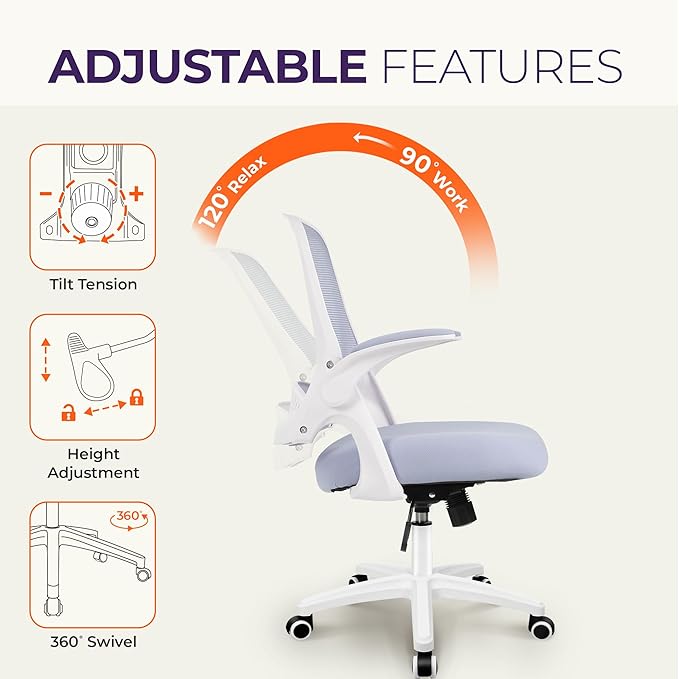 NEO Chair Office Desk Gaming Ergonomic Computer Chair with Lumbar Back Support Adjustable Height Swivel Rolling Wheels Flip-up Arms Mesh Chair for Home Vanity (Purple)