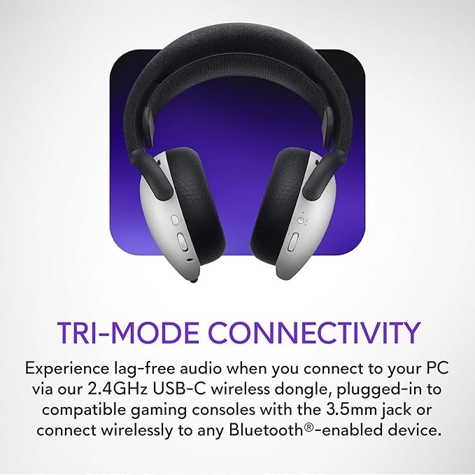 Alienware Tri-Mode Wireless Gaming Headset AW725H - Wired/Wireless, Bluetooth 5.3, Audio Output - 20 Hz, Mini-Phone (3.5mm), Battery Talk Time Up to 55 Hrs (Bluetooth), Lunar Light
