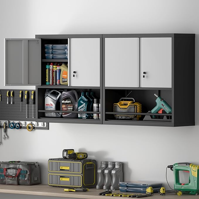 IRONFFICE Locking Cabinet,Metal Garage Storage Cabinets with Shelf,Wall Storage Cabinet with Doors for Home Office,Garage,Grey-Black