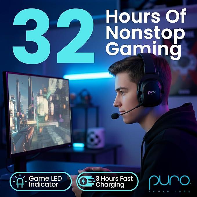 Puro Sound Labs Wireless Gaming Headset - Easy to Pair with 2.4GHz USB, Volume-Limited, Tri-Mode Connectivity, Detachable Mic, 32-Hour Battery, Wireless Headphones with mic for PC- PuroGamer-BT, Black