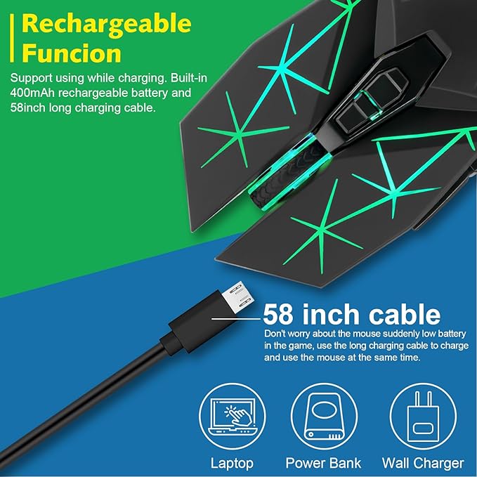 CHONCHOW Rechargeable Wireless Gaming Mouse, 7 Buttons, Up to 3200 DPI, RGB LED, USB-C, Side Buttons, 2.4G, Long Charging Cable,Compatible PC Laptop Win Mac Chromebook, Black