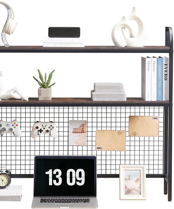 Desktop Hutch Shelf Organizer, 2-Tier Metal & MDF Desk Bookshelf with Grid Panel and Hooks for Office & Dorm (Rustic Brown, 45.3")