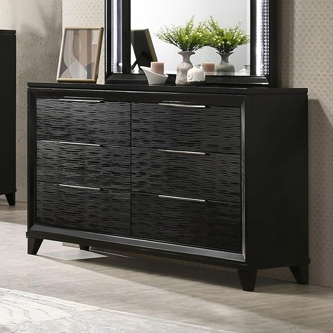 GOWE 1pc Modern Contemporary Transitional Black Textured Finish 6-Drawer Storage Dresser Wooden Solid Wood Bedroom Living Room Home Furniture Modern Style Black Color Six Storage Drawers