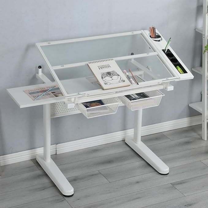 Adjustable Height Drafting Table with Storage Drawers & Stool for Adults, Glass Art Desk with Side Storage Strips, Drawing Table with Tilted Tabletop for Art Office Study (White+Glass B)