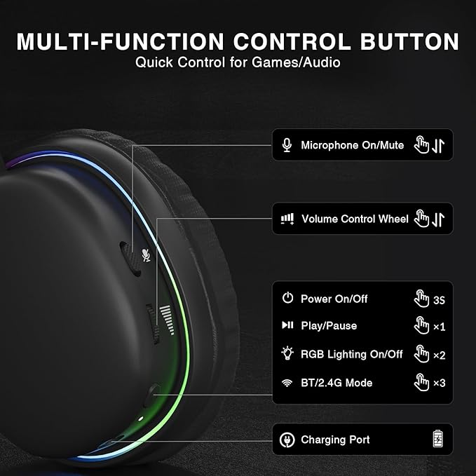 AULA G7 Wireless Gaming Headset with Detachable Noise Canceling Mic, 40mm Driver, BT5.3 Gaming Headphones with RGB Light, 10ms Latency, 60Hr Battery, PC Gaming Headset for PS5,PS4, Switch,Xbox,PC