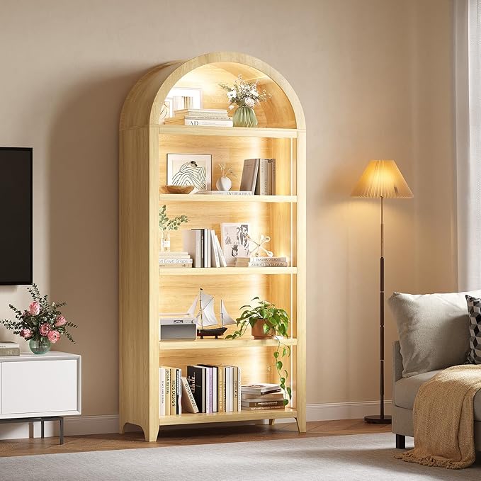 Arch Bookcase - 5 Layers Bookshelf with 3 Colors LED Sensor Lights and Thickened Wooden Design Display Shelf for Lego Books Bathroom Living Room - Ideal Gift (Light Wood)