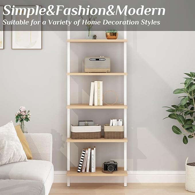 Karl home Ladder Shelf 5 Tier Wall Mounted Bookcase with Metal Frame, Open Design Shelves for Living Room, Bedroom, Home, Office, Oak Color (23.62" L x 11.81" W x 70.87" H)