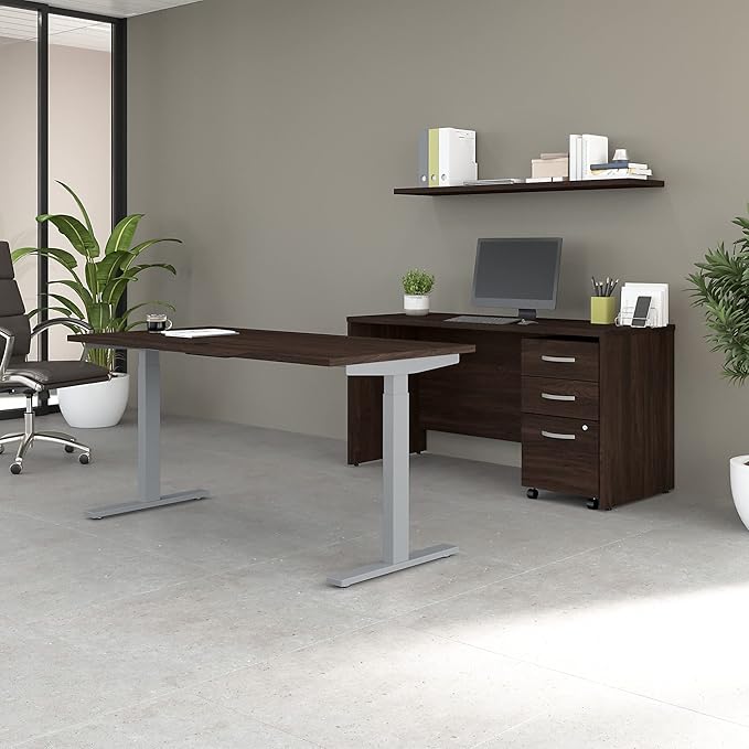Bush Business Furniture Studio C 60W x 30D Height Adjustable Standing Desk, Credenza and Mobile File Cabinet in Black Walnut