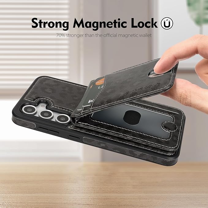 SkyEagle Compatible with Magsafe 2 in 1 Detachable Samsung Galaxy S25 Plus Wallet Case with Card Holder,Women Men Magnetic PU Leather RFID Blocking Flip Folio Kickstand Credit Slots,Leopard-Black