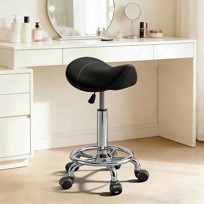 Saddle Stool with Ring Pedal, Adjustable Hydraulic Rolling Chair with Wheels for Medical, Massage, Salon, Spa, Kitchen, and Drafting Use