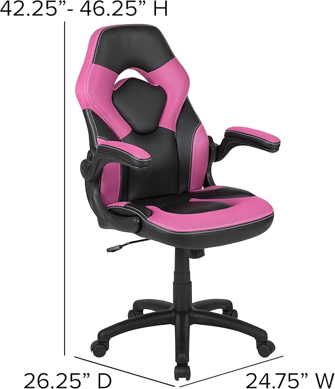 BizChair Black Gaming Desk and Pink/Black Racing Chair Set with Cup Holder, Headphone Hook & 2 Wire Management Holes