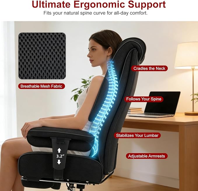 EXCEBET Big and Tall Office Chair 400lbs Wide Seat, Leather High Back Executive Office Chair with Lumbar Support, Ergonomic Chairs Padded Armrests & Thick Cushion (Mesh Dark Black)
