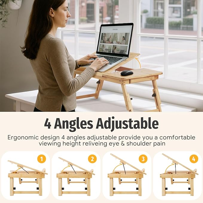 Bamboo Laptop Desk for Bed, Height & Angle Adjustable Foldable Lap Desk with Drawer & Cup Holder, Portable Bed Desk Table for Working, Reading, Writing or Breakfast on Sofa, Couch or Floor