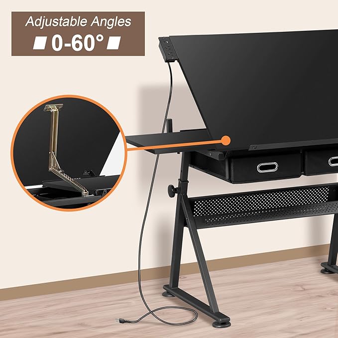 ZENY Adjustable Drafting Table with Stool, Tilting Drawing Desk Artist Table with Storage Drawers, Art Craft Workstation for Home Office Reading, Writing, Crafting (Black-with Outlet)