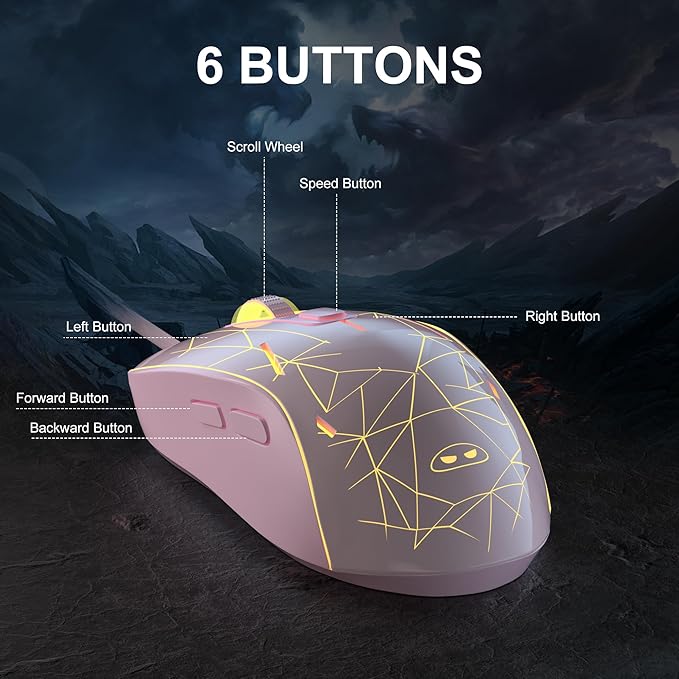 MageGee G6 Wired Gaming Mouse, Ergonomic USB Optical Mouse with 7 Colors Breathing LED Backlit, 6 Adjustable Speed Levels from 600 to 3200 for Laptop PC Computer Games & Work, Pink